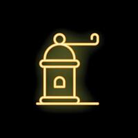 Neon sign of manual coffee grinder with handle on black background vector