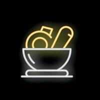 Neon icon of mortar and pestle glowing on black background vector