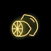 Glowing neon icon of a lemon showing a slice on black background vector