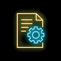 Neon icon of document being processed with gear vector