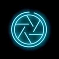 Neon camera shutter glowing on black background vector