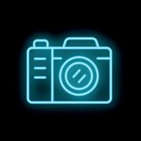 Neon blue camera icon glowing on black background vector
