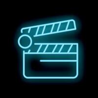 Glowing neon clapperboard sign for movie production on black background vector