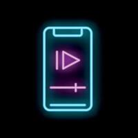 Neon sign showing smartphone playing with play button on dark background vector