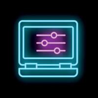 Neon icon of a laptop showing control panel settings buttons vector
