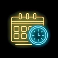 Neon icon of calendar showing date and time glowing on black background vector