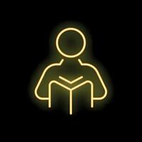 Neon sign of person reading book on black background vector