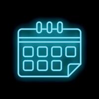 Blue neon calendar icon glowing on dark background vector