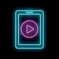 Neon smartphone showing play button icon on black background vector