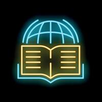 Neon icon of open book with earth globe for online education vector