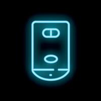 Neon icon of a mobile phone displaying a pause button in blue against a black background vector