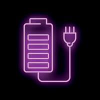 Neon battery icon showing full charge status with plug vector