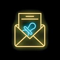 Neon icon of open mail envelope with a pacifier and letter announcing baby arrival vector