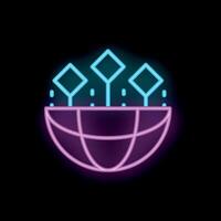 Neon icon of three blockchain nodes connecting over earth representing global network vector