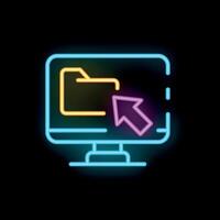Neon computer screen displaying folder icon with mouse cursor pointing at it vector