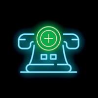 Neon icon of a vintage telephone displaying a plus sign on black background vector