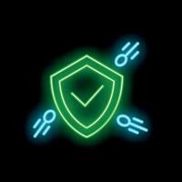 Neon green shield protecting from virus cells icon glowing on black background vector