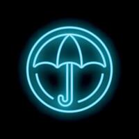 Blue neon sign showing an umbrella inside a circle on a black background vector