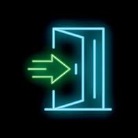 Neon green arrow pointing to open door on black background vector