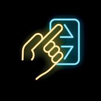 Hand pressing button with arrows up and down neon sign vector