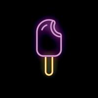 Bright pink neon sign depicting bitten ice cream on a stick on black background vector