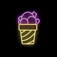 Neon sign representing ice cream cone with chocolate flavored balls on top vector
