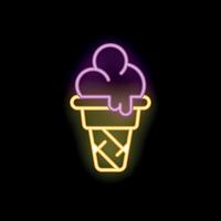 Neon sign representing ice cream melting in waffle cone on black background vector