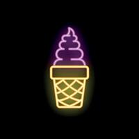Neon sign showing delicious ice cream cone glowing on black background vector