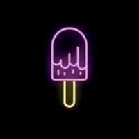 Chocolate covered ice cream bar melting on a stick in neon light vector