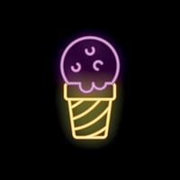 Bright neon sign of melting ice cream in waffle cone on black background vector