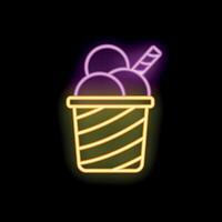 Neon sign showing ice cream cup with straw on black background vector