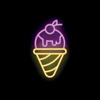 Bright neon sign showing melting ice cream cone with cherry on top vector