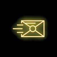 Neon yellow mail envelope icon flying on black background vector