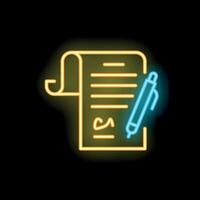 Neon icon of a contract being signed with a pen vector