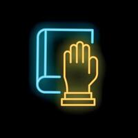 Neon icon of hand touching book for oath, vow, promise, agreement vector