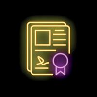 Neon icon of official documents with signature and quality seal vector
