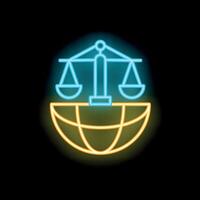 Neon icon of scales of justice balancing on top of the earth representing international law and global justice vector