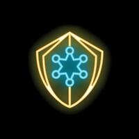 Neon shield providing security with connected network nodes vector