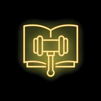 Neon icon of law gavel striking open law book on black background vector