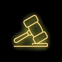 Yellow neon sign of judge gavel striking sound block on black background vector