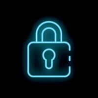 Blue neon padlock glowing on black background symbolizing security vector