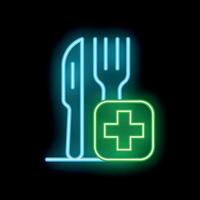 Neon icon of fork and knife with medical cross for healthy diet concept vector