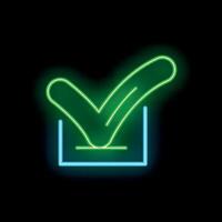 Neon green check mark glowing inside blue square on black background vector