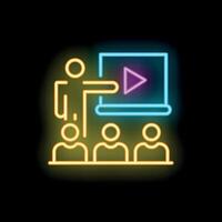 Businessman pointing at projection screen with play button neon sign on black background vector