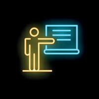 Teacher pointing at a projection screen neon sign on black background vector