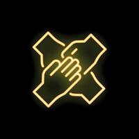 Four hands joining together in center in neon style vector
