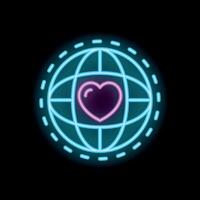 Neon icon of heart surrounded by globe grid representing global love vector