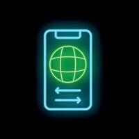 Neon glowing sign of a mobile phone showing the earth globe with two way arrows symbolizing global communication vector