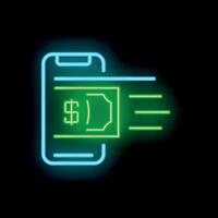 Neon sign representing online money transfer with smartphone and banknotes vector