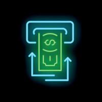 Neon atm cash machine accepting money depositing withdrawing icon vector